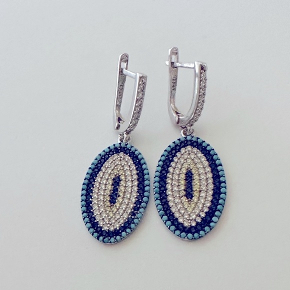 🧿925 Silver evileye set of earrings and ring turquoise and cz stones - Picture 8 of 9